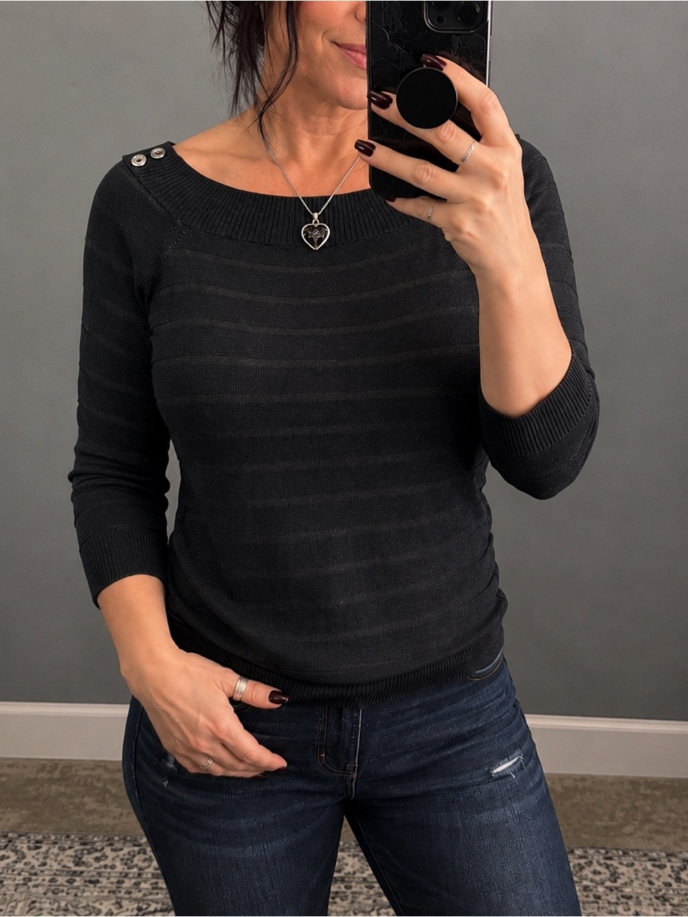 White House Black Market Black Knit Sweater | Small | Button Shoulder